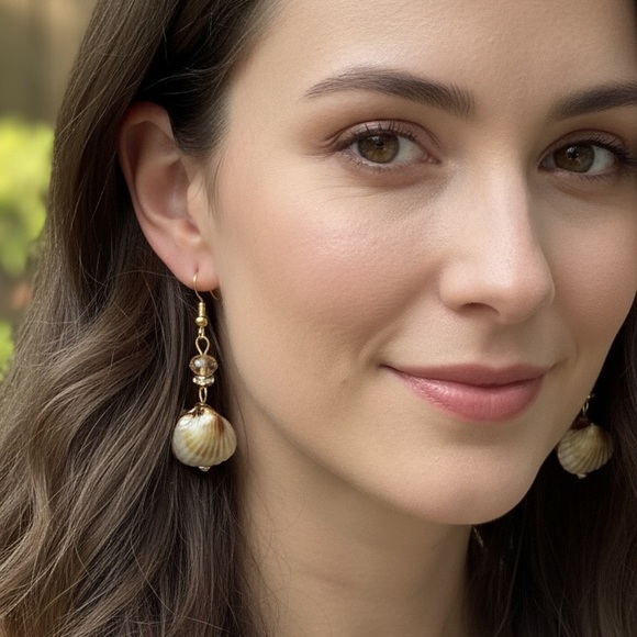 Gold Clamshell Drop Earrings w/ Smoky Crystal – Beach Boho Statement Jewelry - Picture 3 of 10